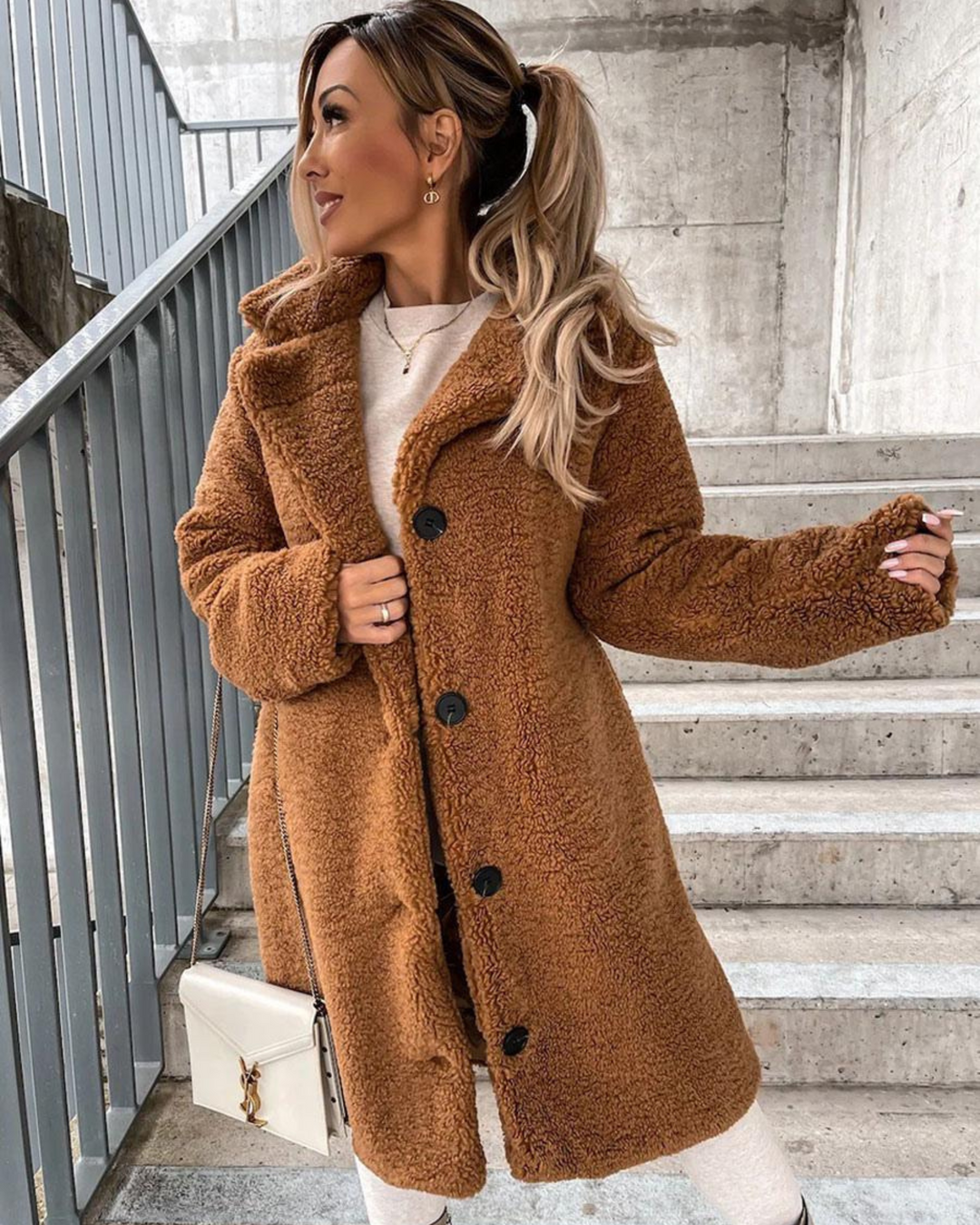 Everly camel teddy coat button front detail, side view