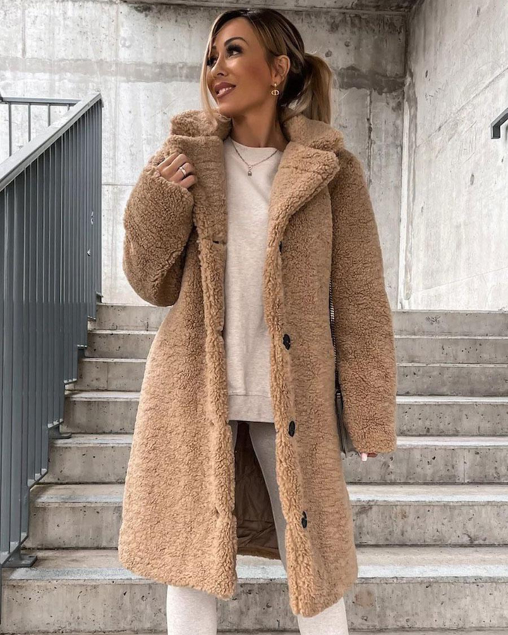 Everly camel teddy coat front view, full length