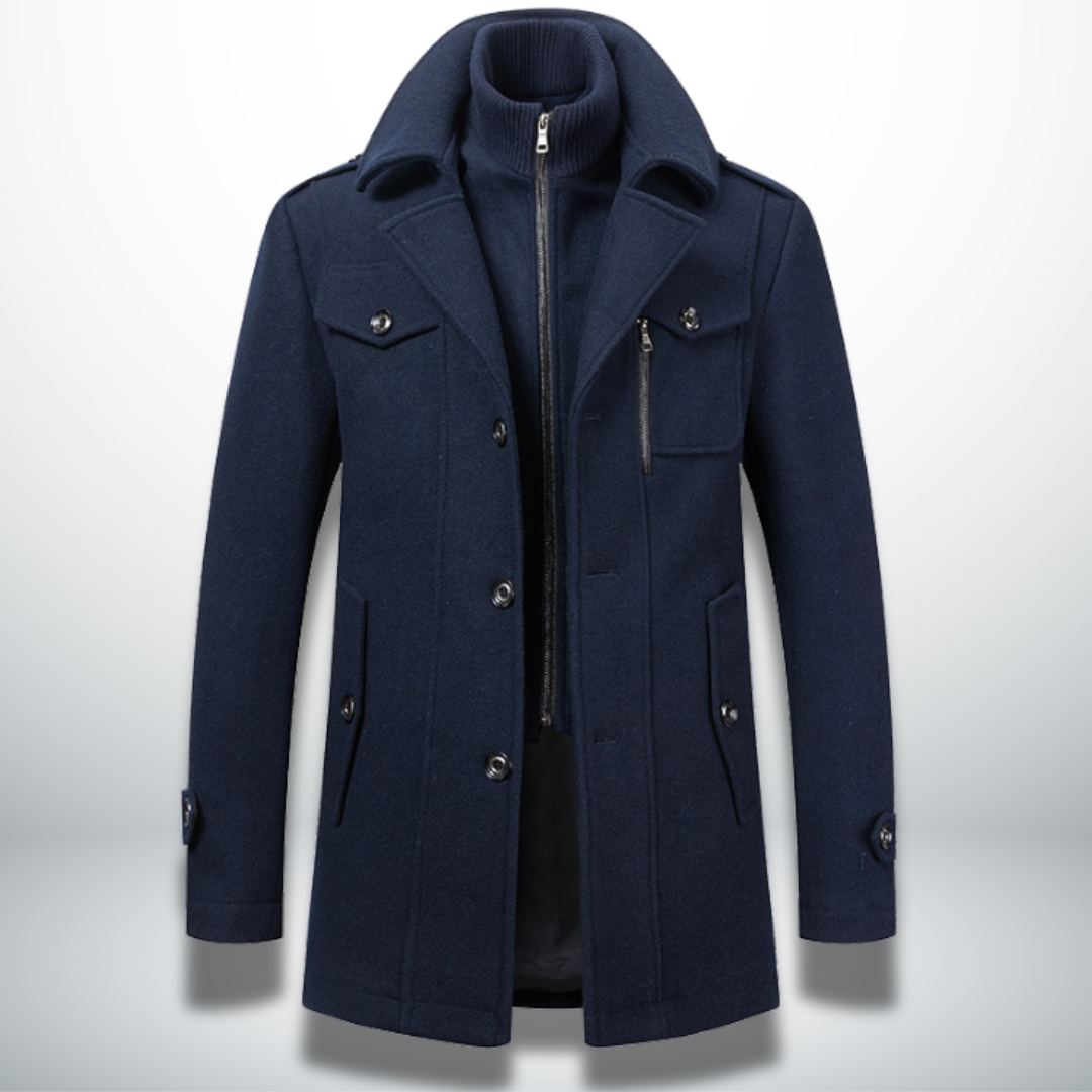 Felix men's dark navy button front wool coat with layered collar, front view
