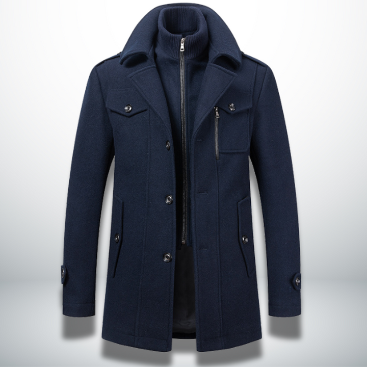Felix men's dark navy button front wool coat with layered collar, front view