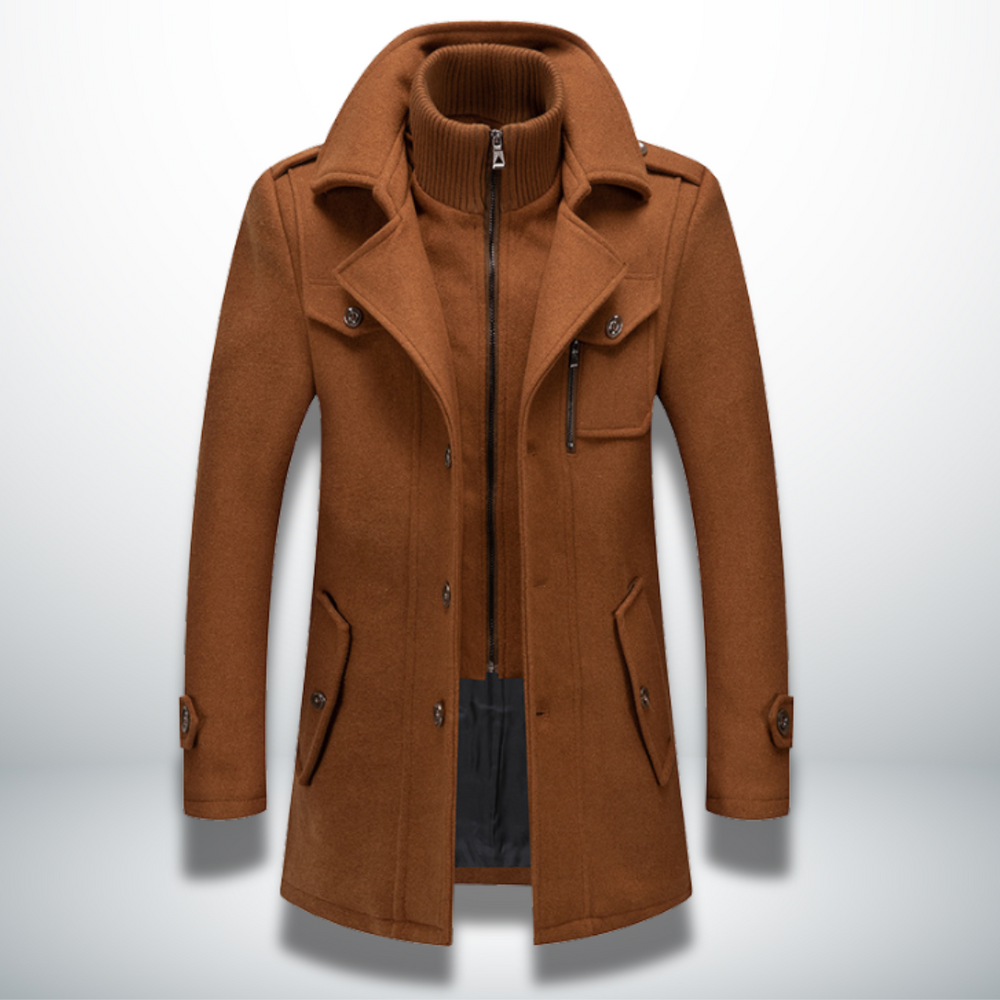 Felix men's camel wool coat with layered collar and button closure, front view