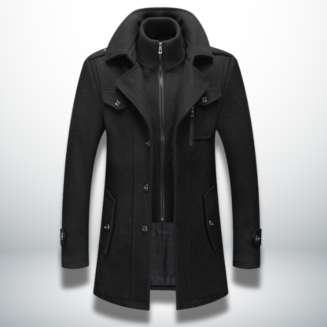 Felix men's black button front wool coat with zip-up inner collar, front view
