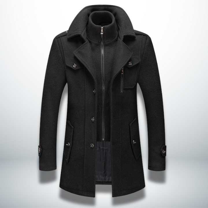 Felix men's black button front wool coat with zip-up inner collar, front view