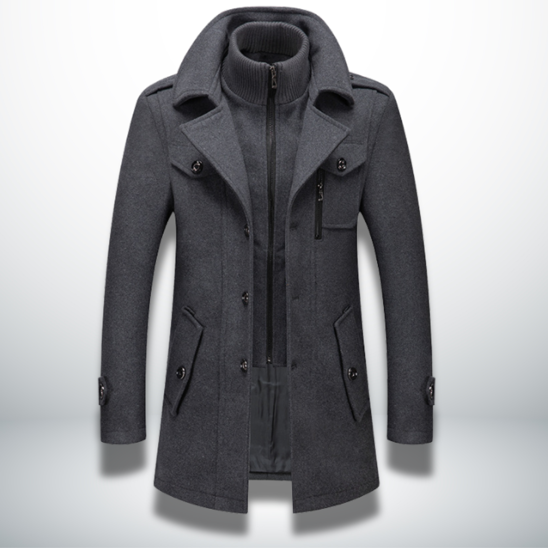 Felix men's grey wool coat with layered collar, front view