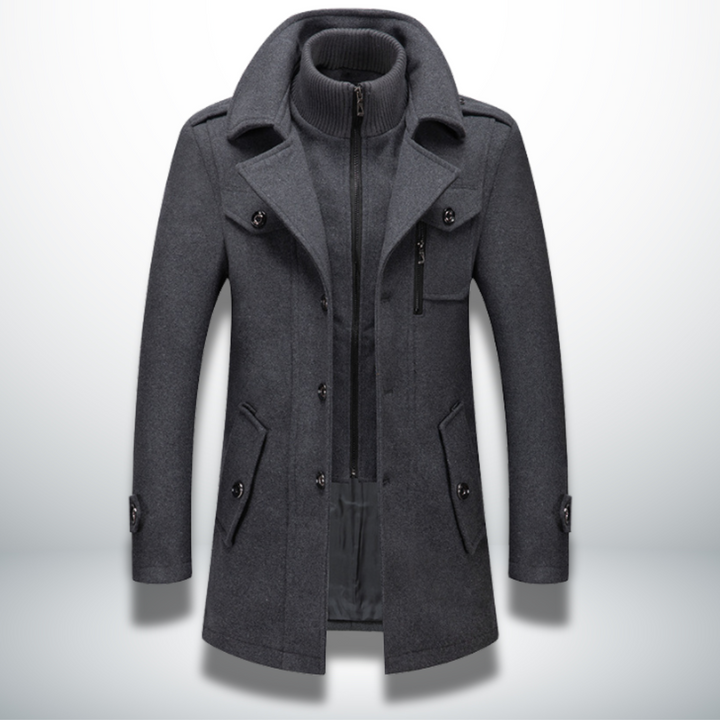 Felix men's grey wool coat with layered collar, front view