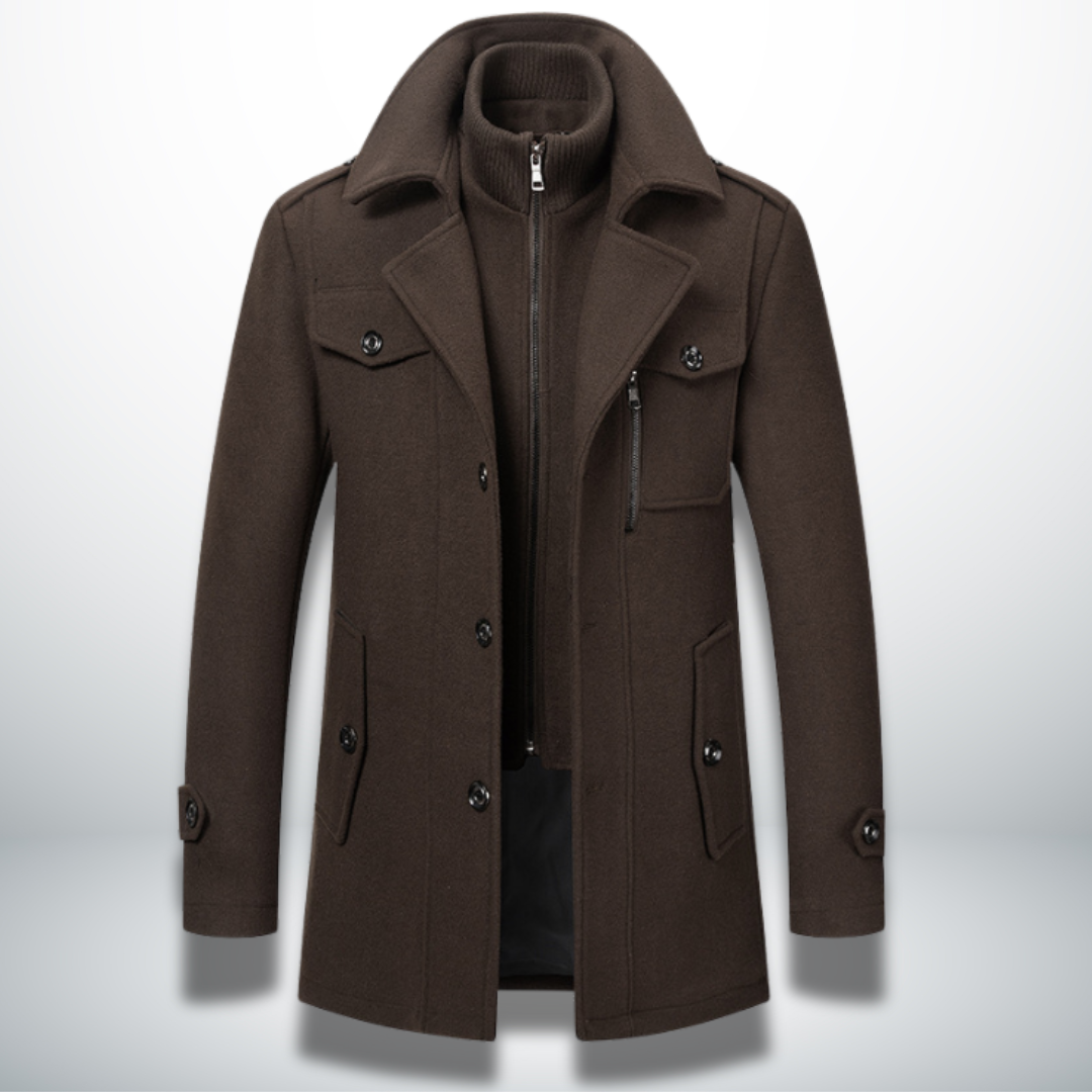 Felix men's brown button front wool coat, front view
