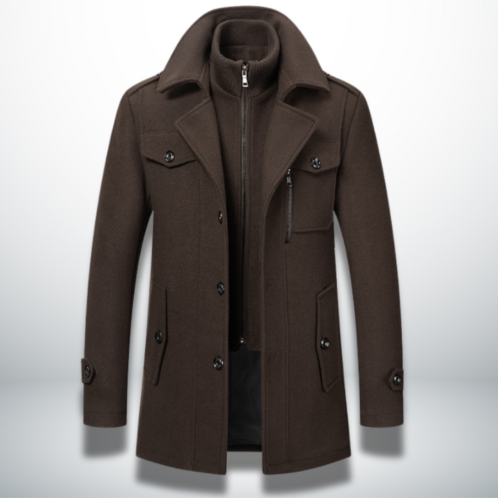 Felix men's brown button front wool coat, front view