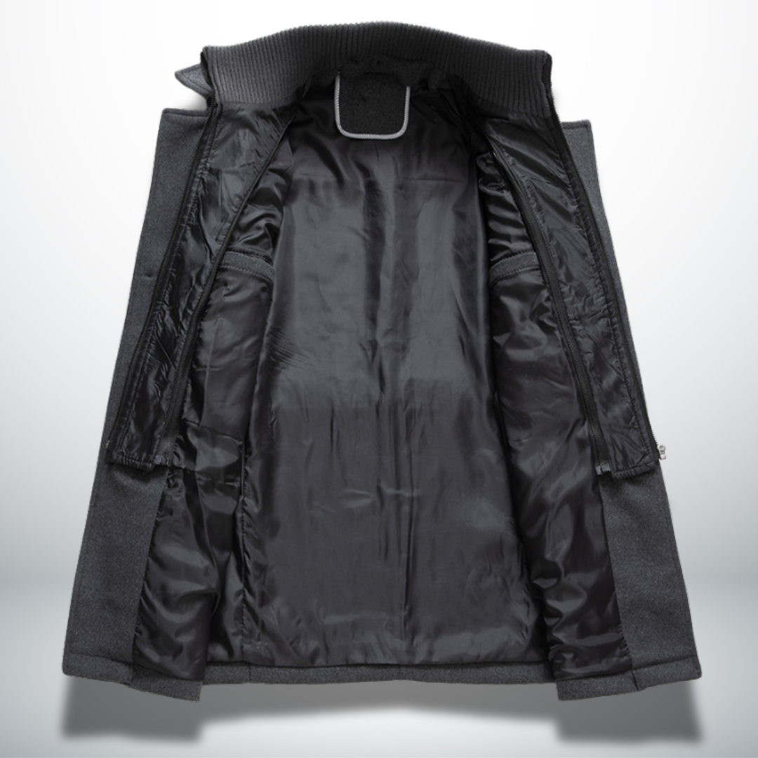 Felix men's wool coat interior lining and inner pockets view