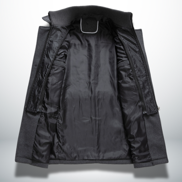 Felix men's wool coat interior lining and inner pockets view