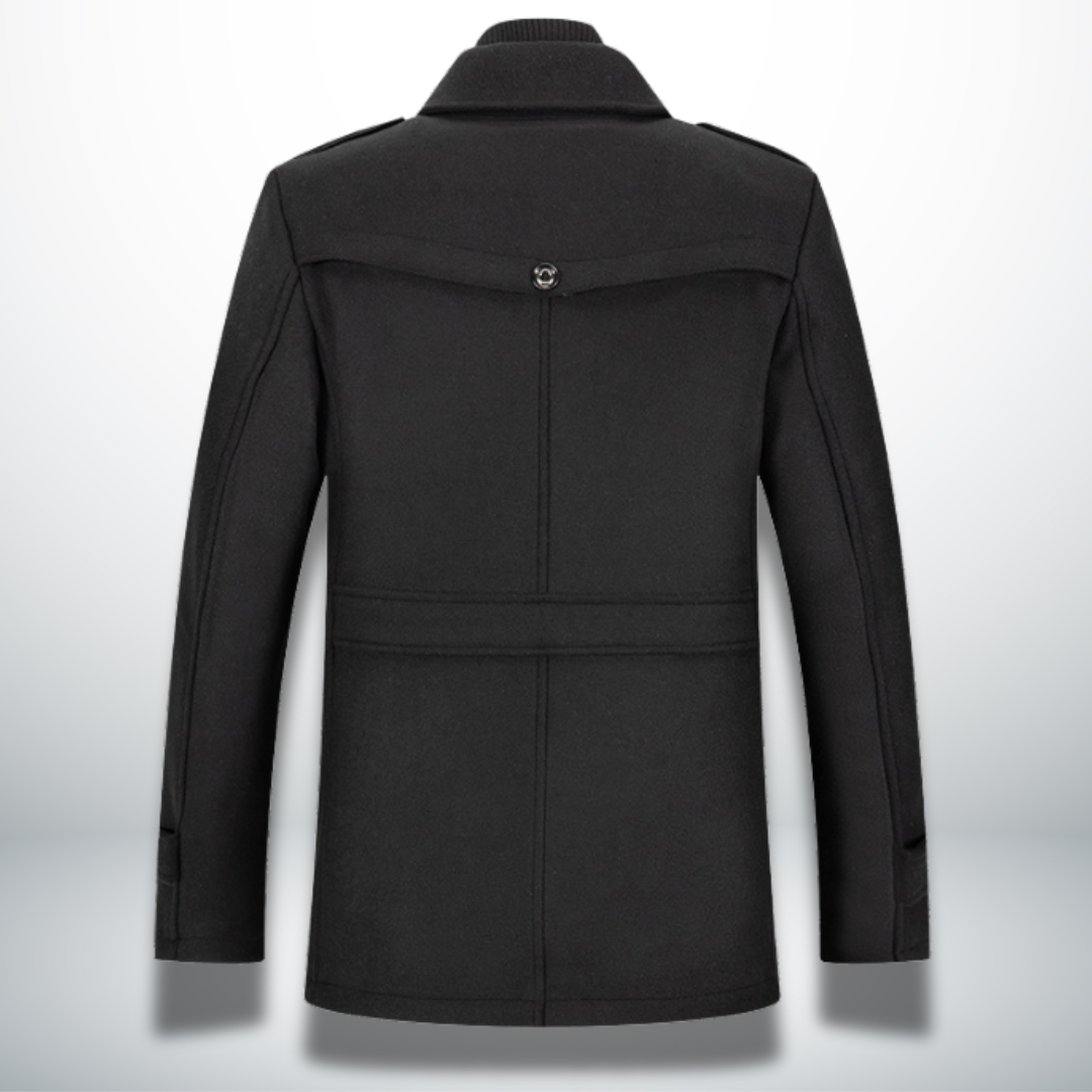 Felix men's black wool coat back view showing tailored seams