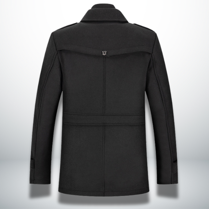 Felix men's black wool coat back view showing tailored seams