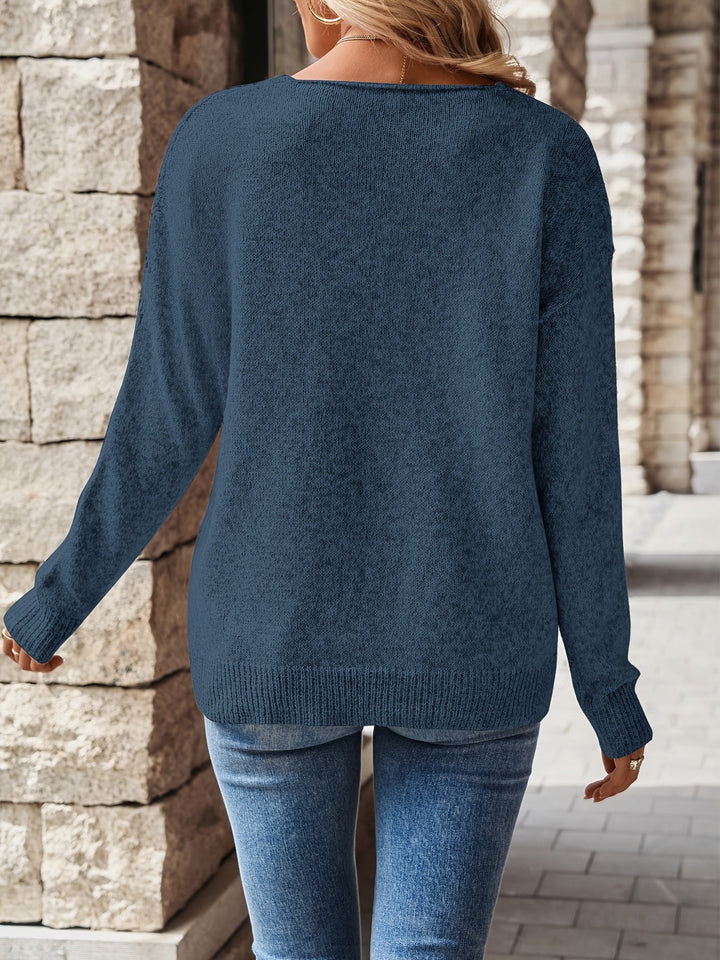 Fiona openwork V-neck sweater in navy, back view showing relaxed fit