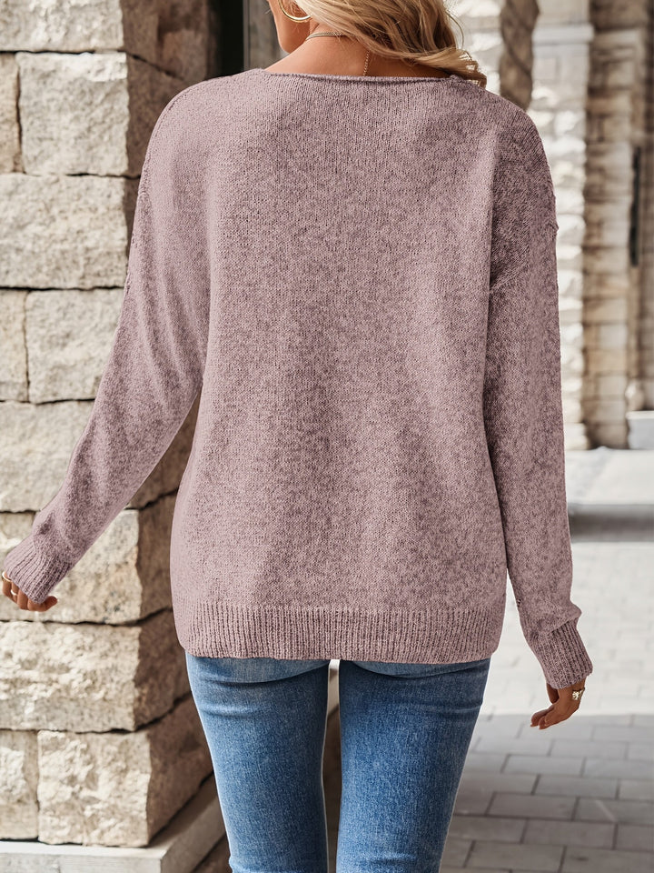 Fiona openwork V-neck sweater in pale pinkish grey, back view