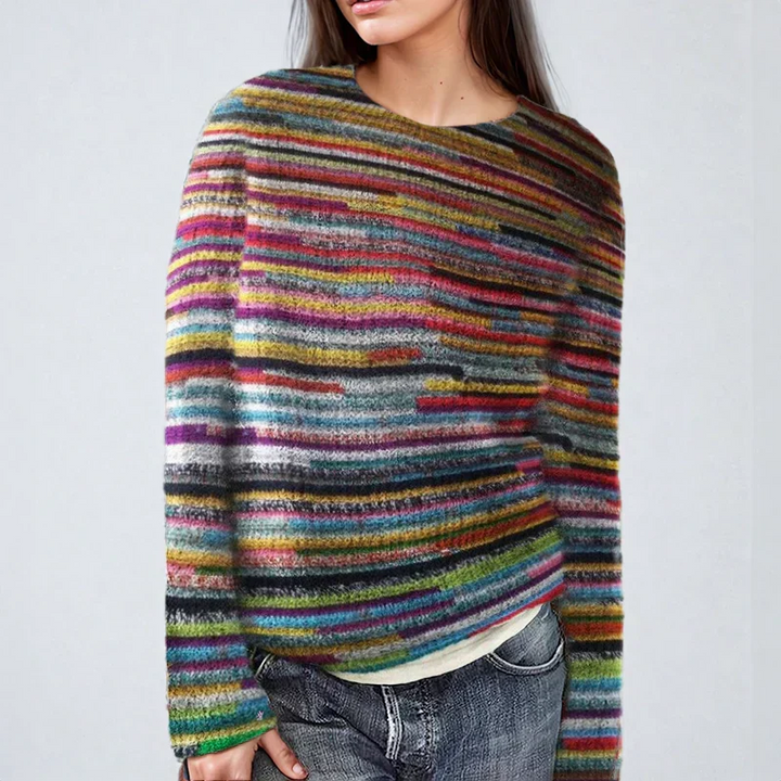 Fiona striped crew neck sweater, front view close-up