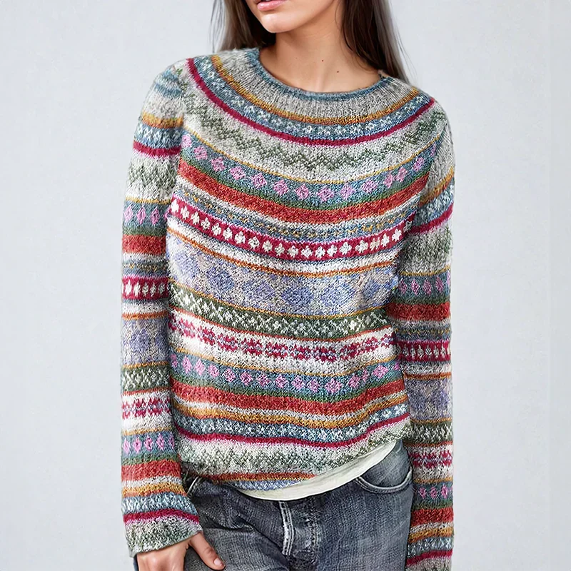 Fiona striped crew neck sweater with fair isle pattern, front view