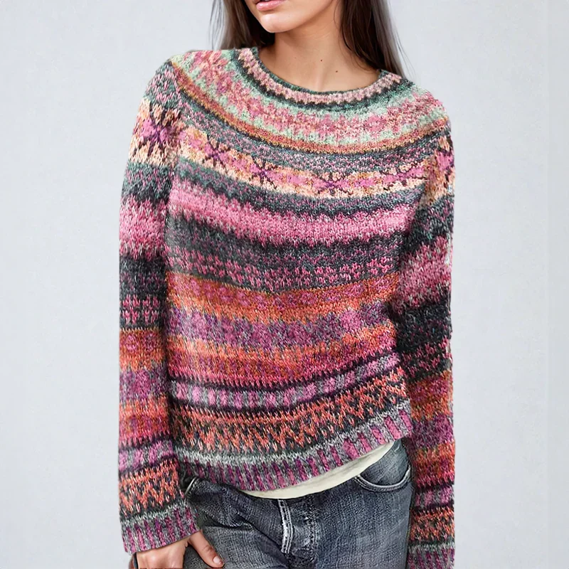 Fiona multicolor striped crew neck sweater, front detail view