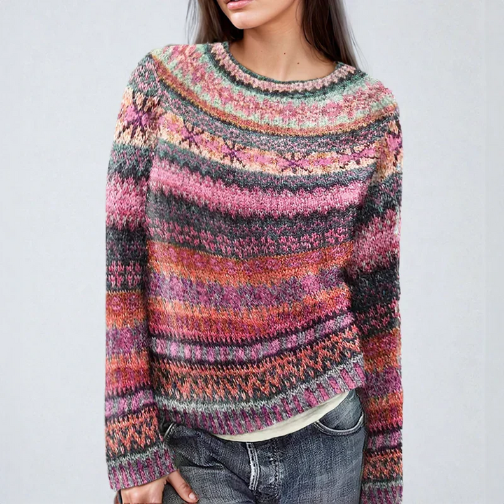 Fiona multicolor striped crew neck sweater, front detail view