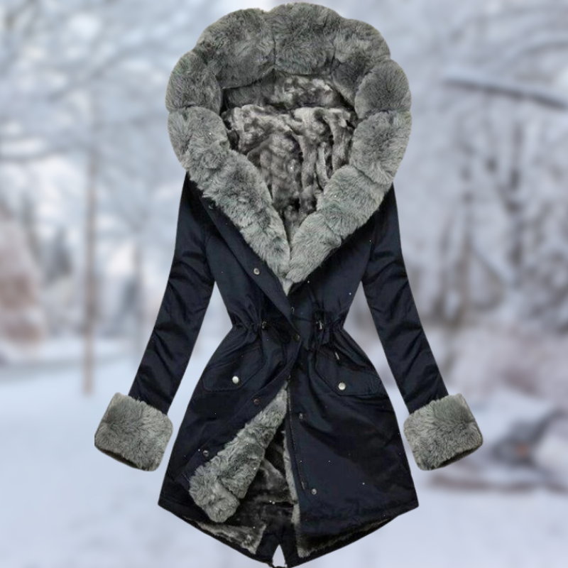 Genevieve fur trim hooded winter jacket in dark green, front view