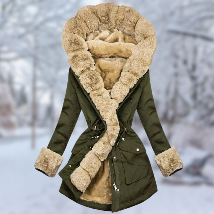 Genevieve fur trim hooded winter jacket in black, front view