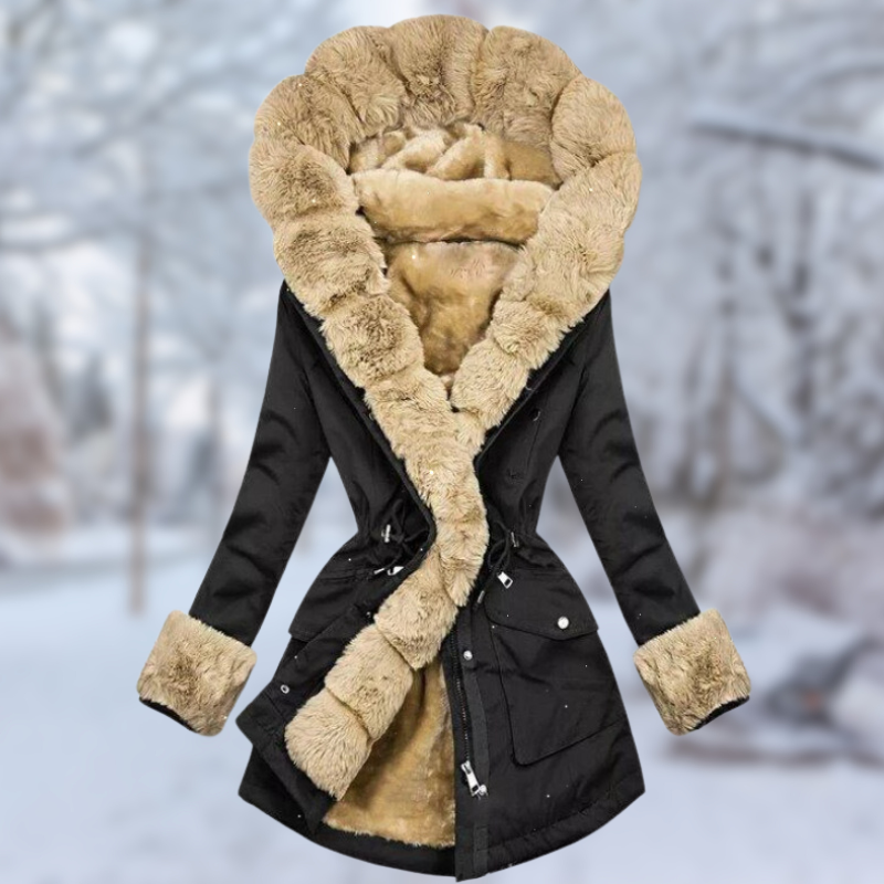 Genevieve fur trim hooded winter jacket in black, angled front view