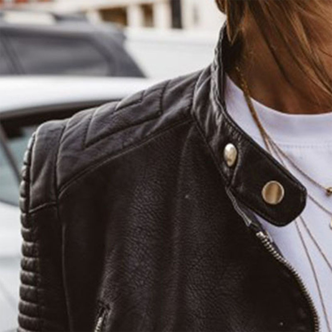 Genevieve biker jacket snap-button collar detail