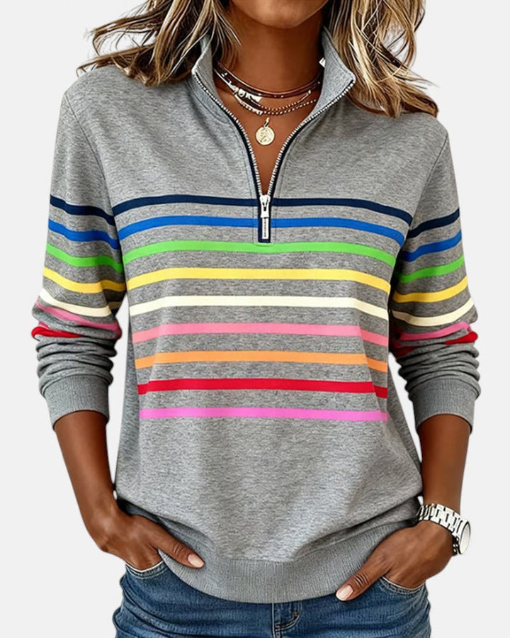 Genevieve striped quarter zip sweatshirt in heather grey, front view