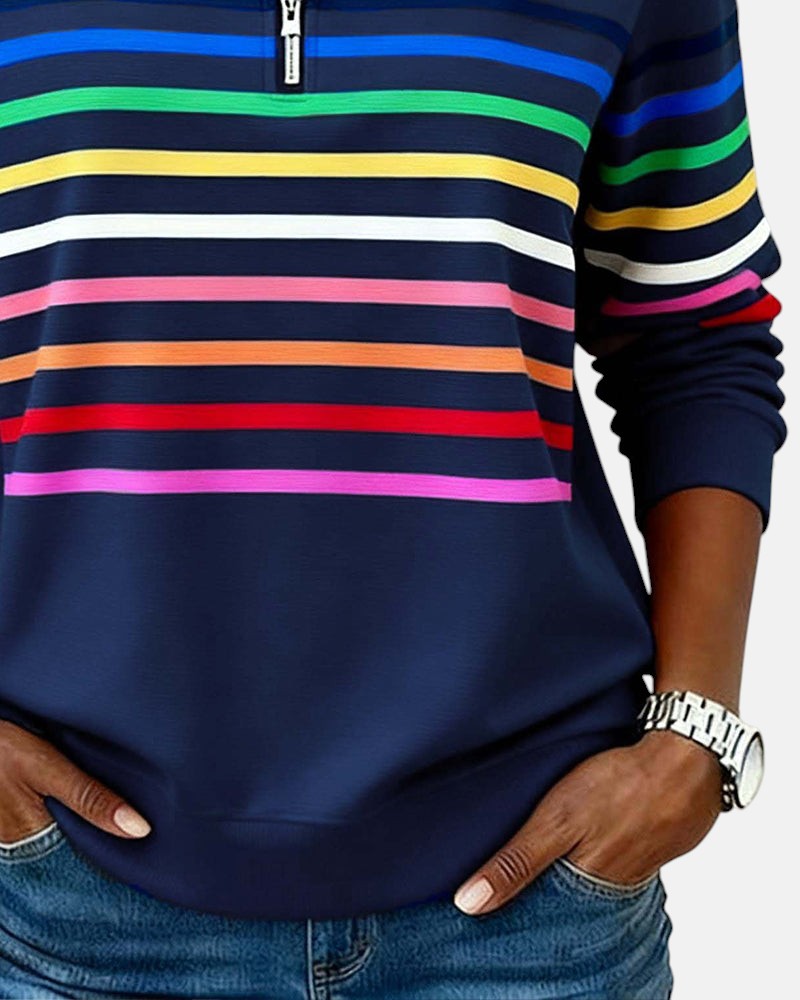 Genevieve striped quarter zip sweatshirt in navy blue, close-up of stripe detail