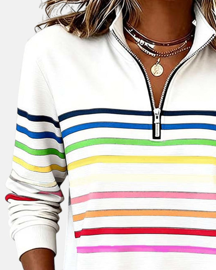 Genevieve striped quarter zip sweatshirt in white, close-up of collar and zip