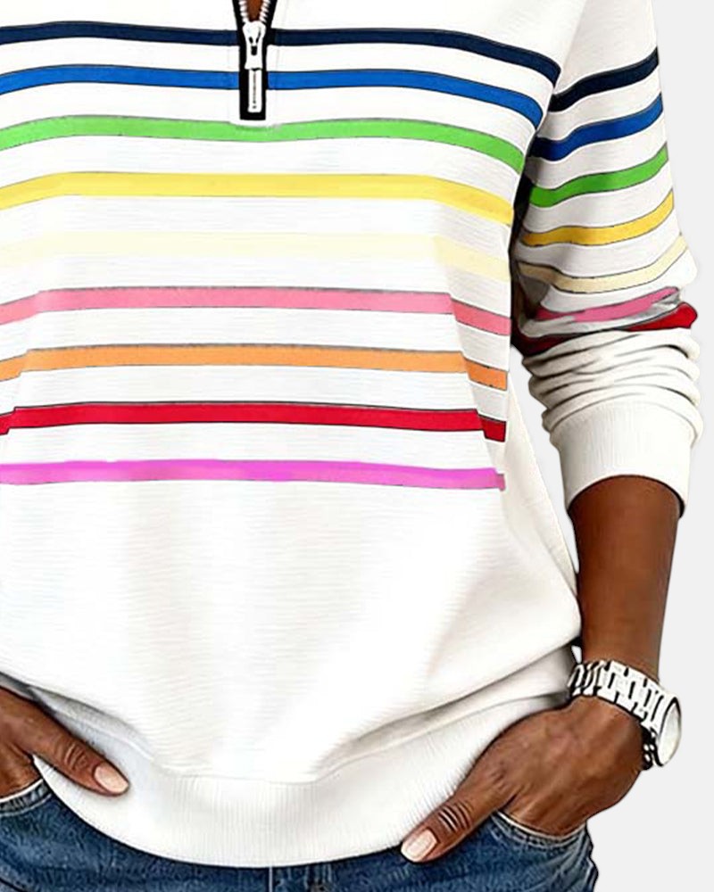 Genevieve striped quarter zip sweatshirt in white, close-up of stripe detail
