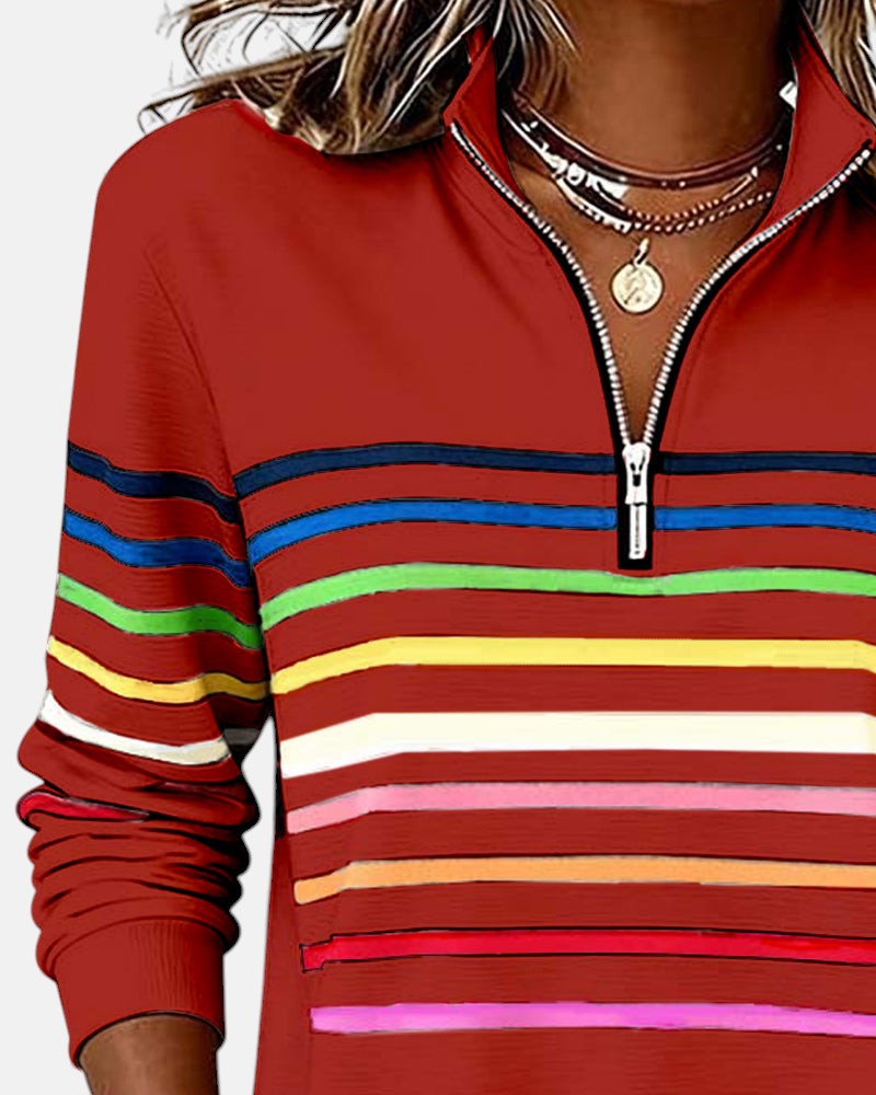 Genevieve striped quarter zip sweatshirt in red, close-up of collar and zip