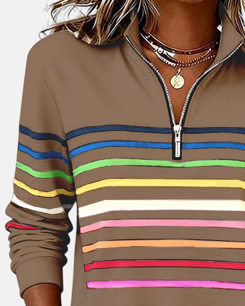 Genevieve striped quarter zip sweatshirt in khaki, close-up of collar and zip