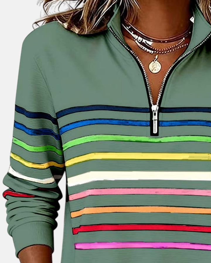 Genevieve striped quarter zip sweatshirt in green, close-up of collar and zip