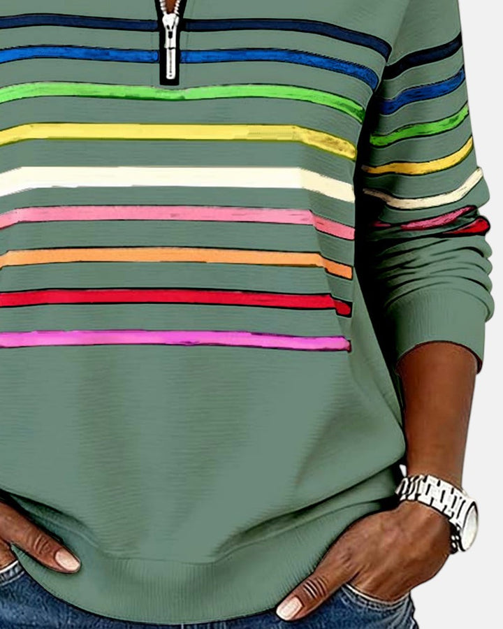 Genevieve striped quarter zip sweatshirt in green, close-up of stripe detail