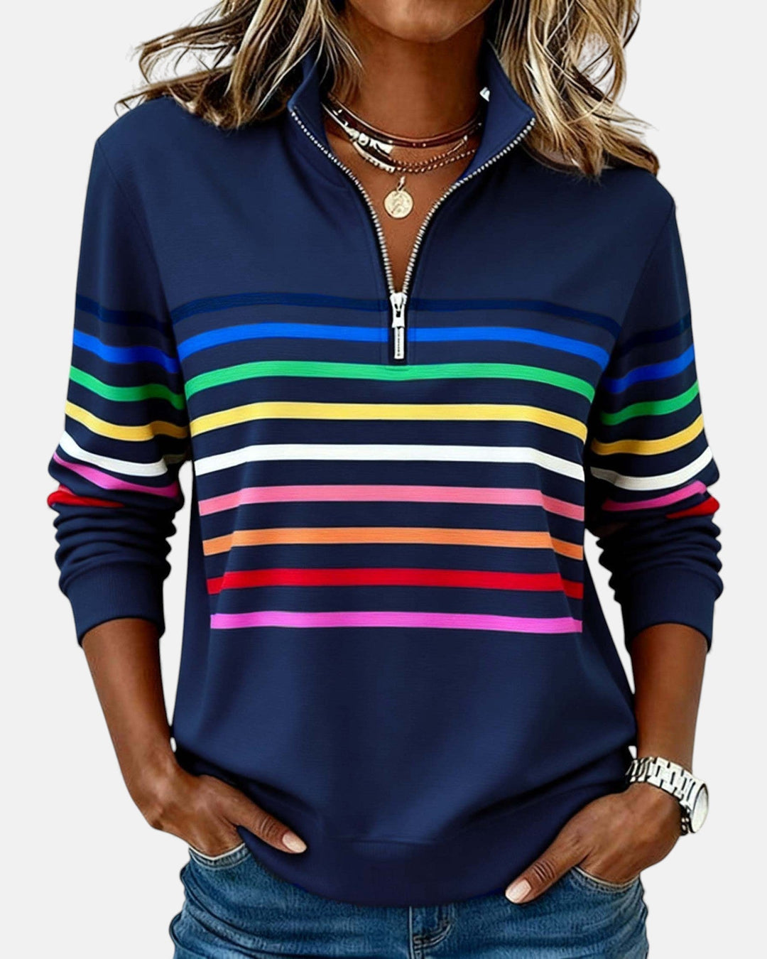 Genevieve striped quarter zip sweatshirt in navy blue, front view