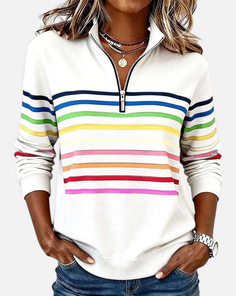 Genevieve striped quarter zip sweatshirt in white, front view