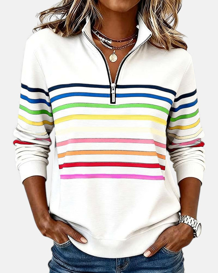 Genevieve striped quarter zip sweatshirt in white, front view