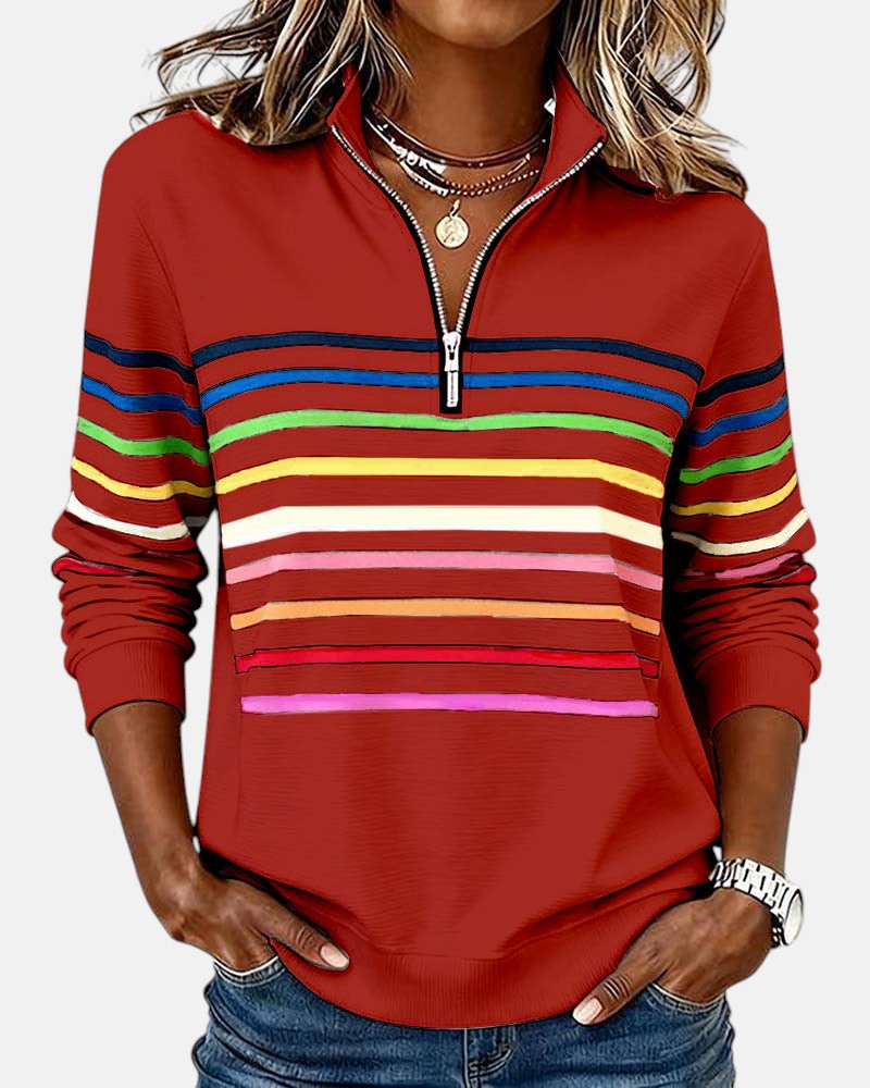 Genevieve striped quarter zip sweatshirt in red, front view