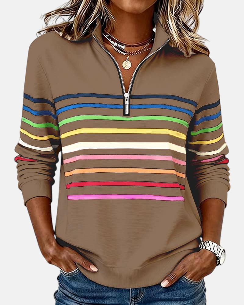 Genevieve striped quarter zip sweatshirt in khaki, front view