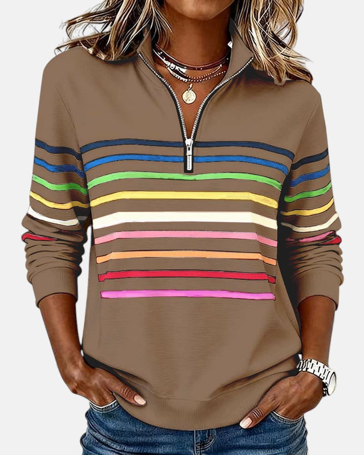 Genevieve striped quarter zip sweatshirt in khaki, front view