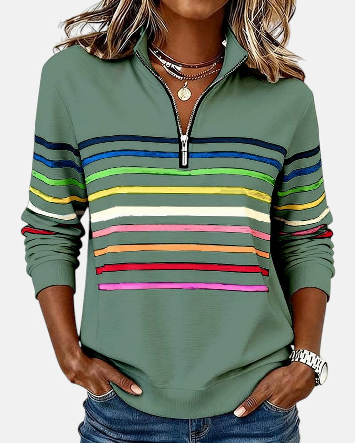 Genevieve striped quarter zip sweatshirt in green, front view