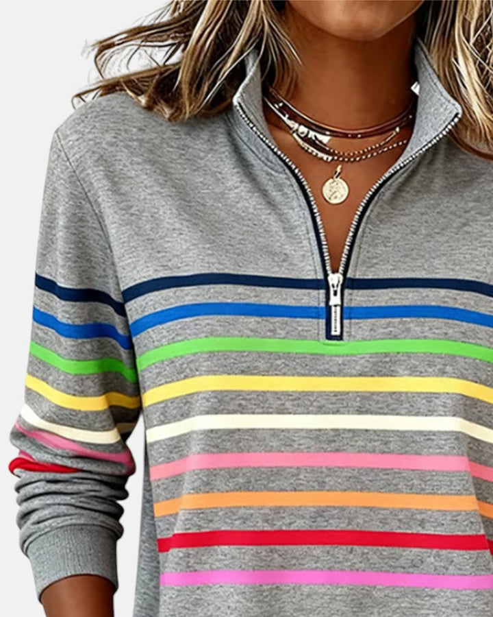 Genevieve striped quarter zip sweatshirt in heather grey, close-up of collar and zip