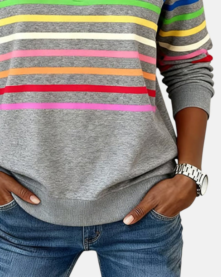 Genevieve striped quarter zip sweatshirt in heather grey, close-up of stripe detail