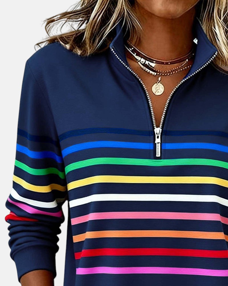 Genevieve striped quarter zip sweatshirt in navy blue, close-up of collar and zip