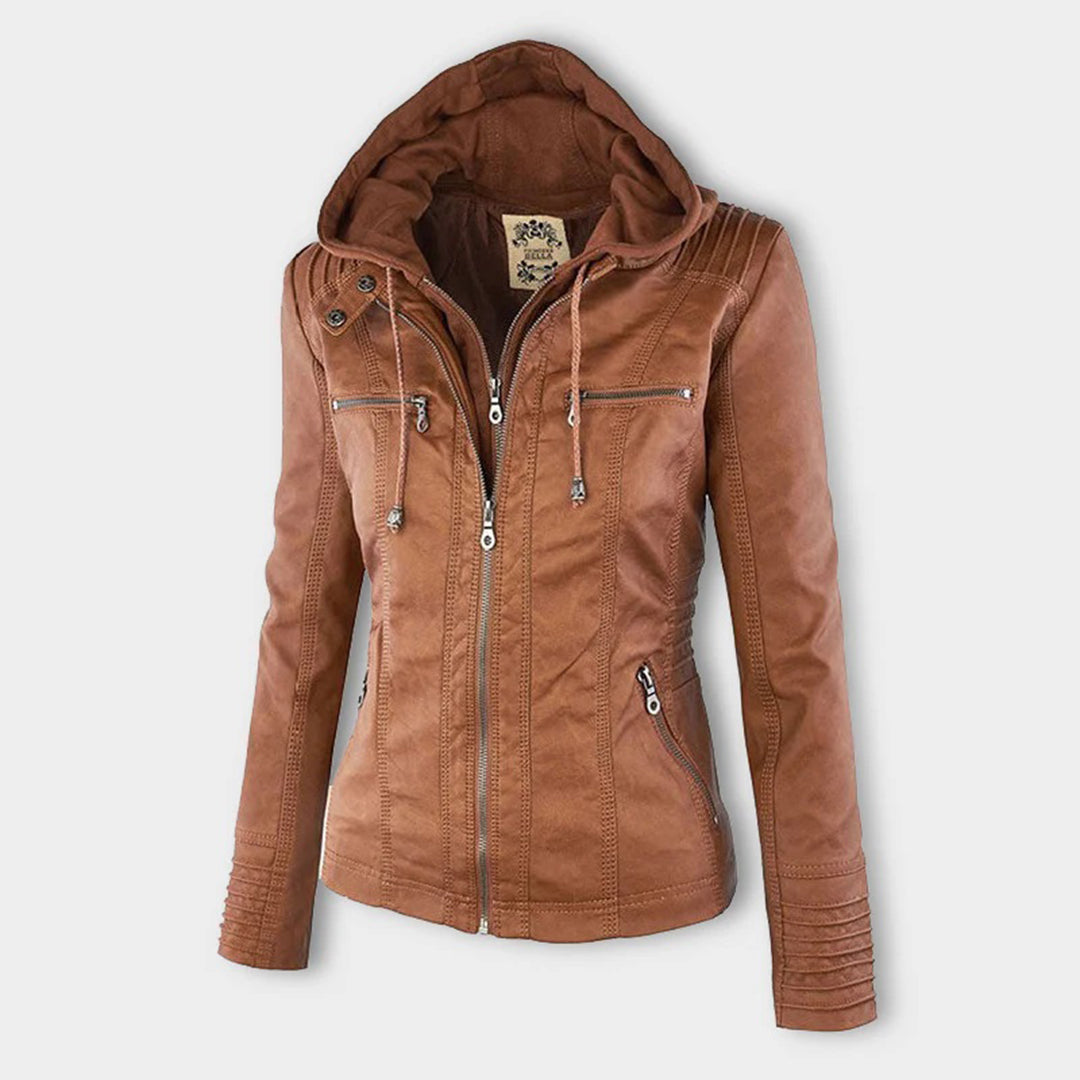 Giselle removable hood faux leather jacket, front view with hood up