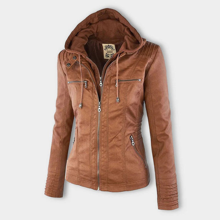 Giselle removable hood faux leather jacket, front view with hood up