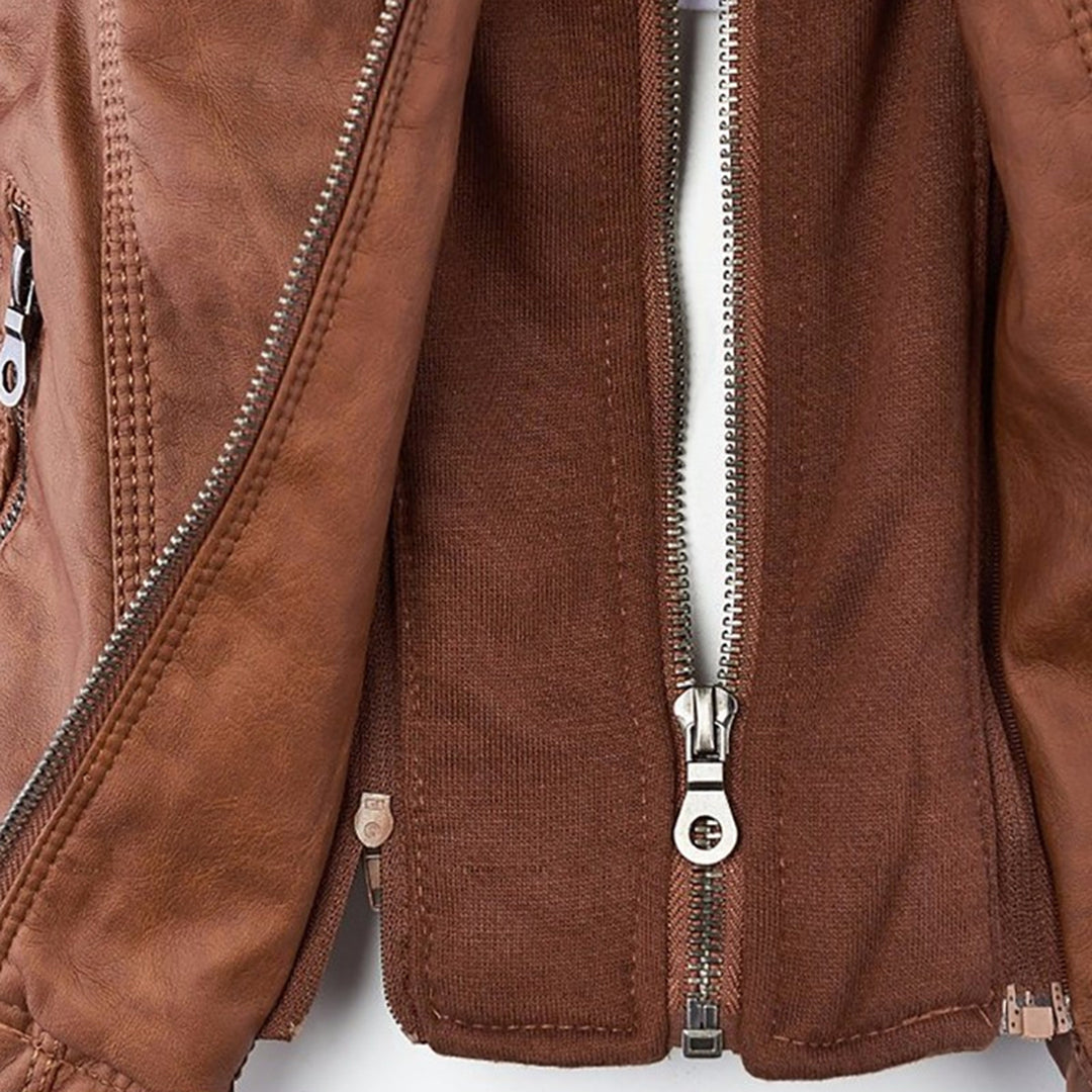 Close-up of front zipper and hood lining on Giselle faux leather jacket