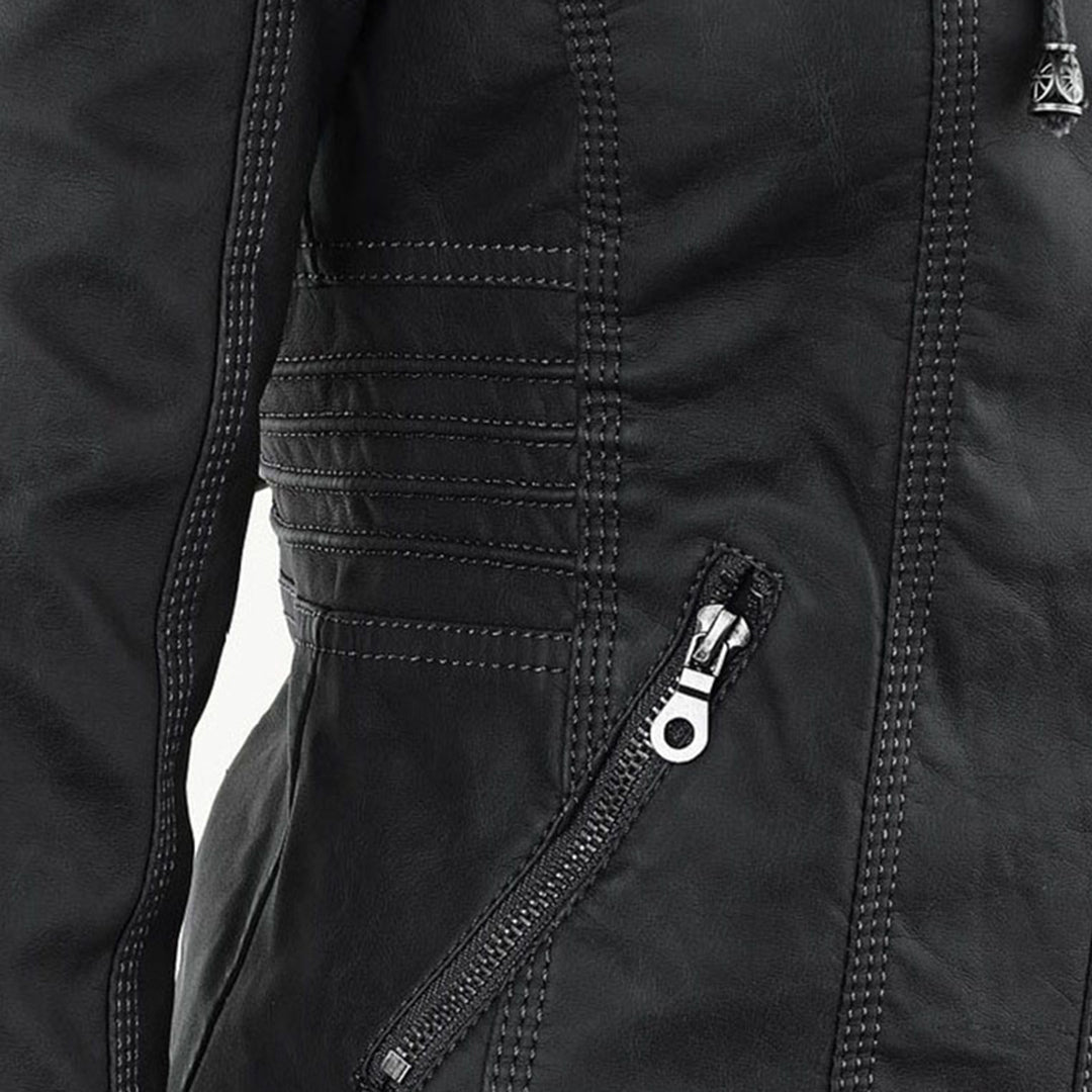 Close-up of hood drawstring detail on Giselle black faux leather jacket