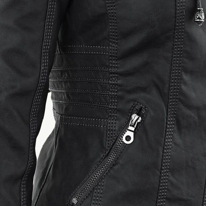 Close-up of hood drawstring detail on Giselle black faux leather jacket