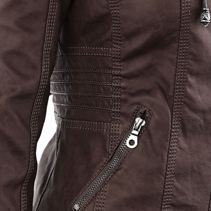Close-up of zip pocket detail on Giselle dark brown faux leather jacket