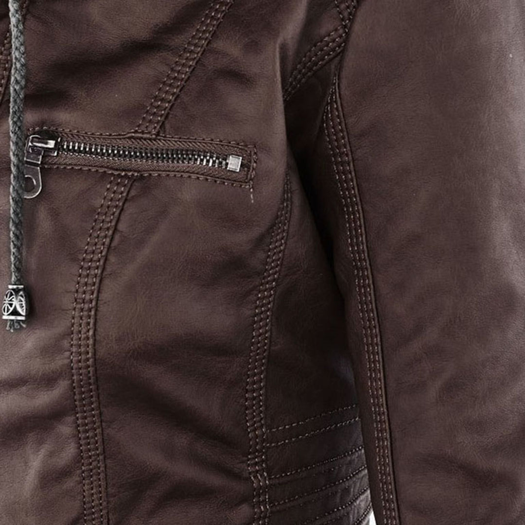 Close-up of hood drawstring detail on Giselle dark brown faux leather jacket